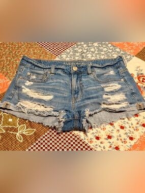 American Eagle Tomgirl Shortie Distressed Denim Shorts Women’s Size 8 Frayed Raw